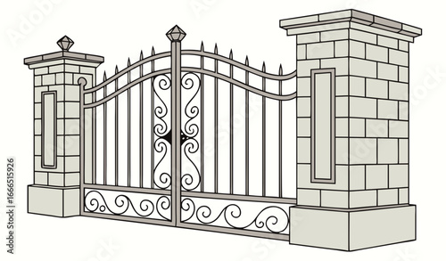 only Gate with iron fence door and metal cartoon manor decoration. Front entrance from ironwork grid vector illustration. Old lattice wrought and classic frame ornament for park. Security steel struct