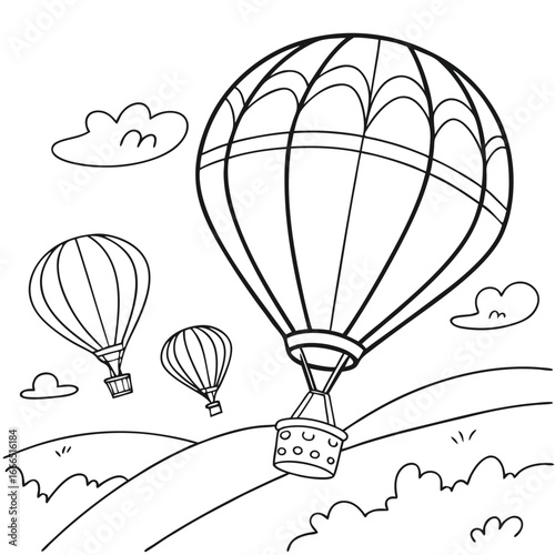 Black and white drawing of hot air balloons flying over rolling hills