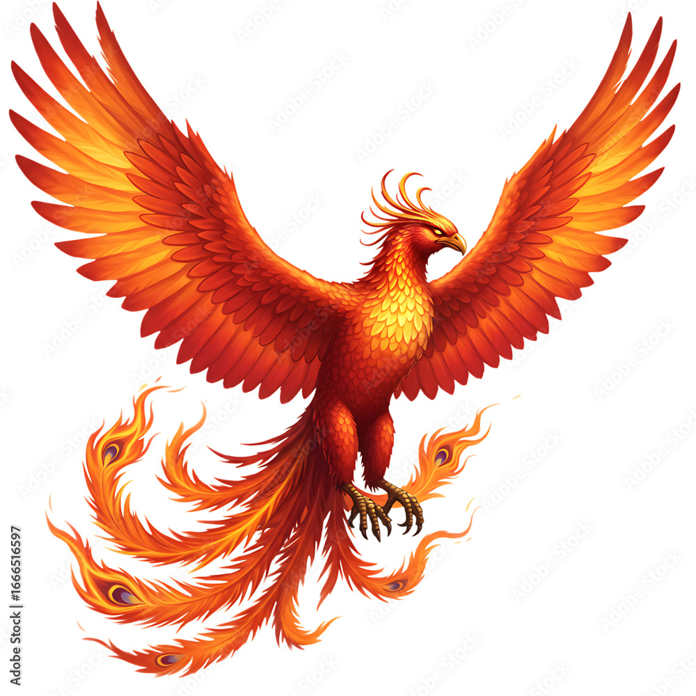 Fototapeta premium A majestic phoenix with outstretched wings, symbolizing rebirth and immortality, depicted in vibrant fiery colors against a clean transparent background