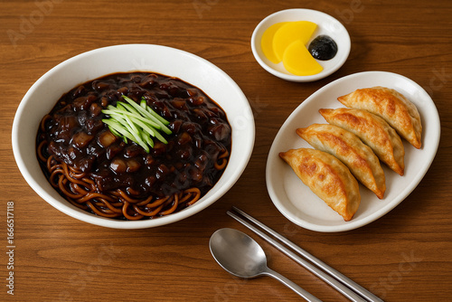 Korean jajangmyeon with fried dumplings