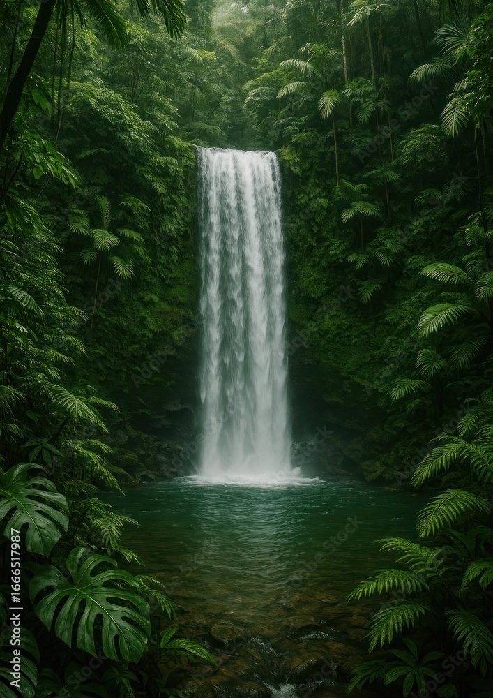Obraz premium Serene waterfall amidst lush greenery.