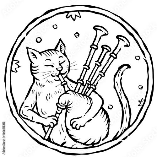 Hand drawn engraving style cat playing bagpipes inside decorative circular frame. Vintage medieval heraldic animal illustration in gothic style