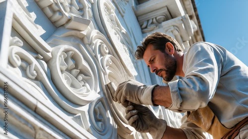 Skilled artisan restoring decorative stone carvings on historic architectural facade with precision craftsmanship under bright daylight
