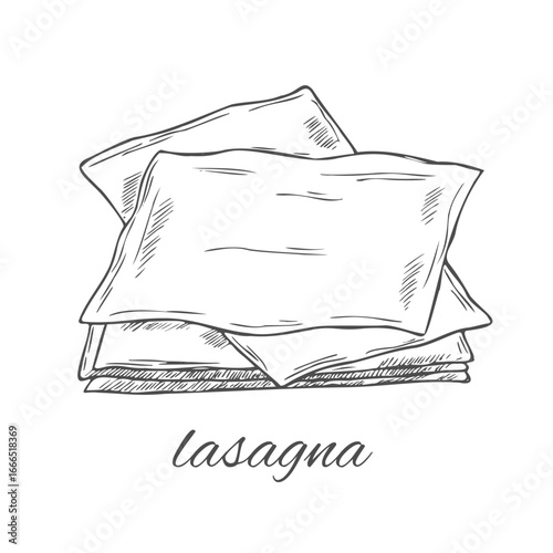 Hand drawn vector ink illustration. Types of pasta Italian cuisine lasagna traditional dish. Set of single object elements isolated on white.