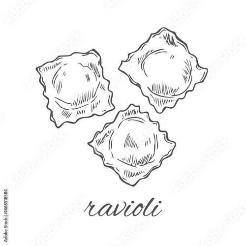 Italian pasta ravioli with meat or cheese inside. Hand drawn sketch style illustration of traditional italian food. Best for menu designs and packaging. Vector drawing isolated on white background.