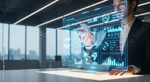 Man interacting with holographic ai interface in modern office with city view through windows ai generated