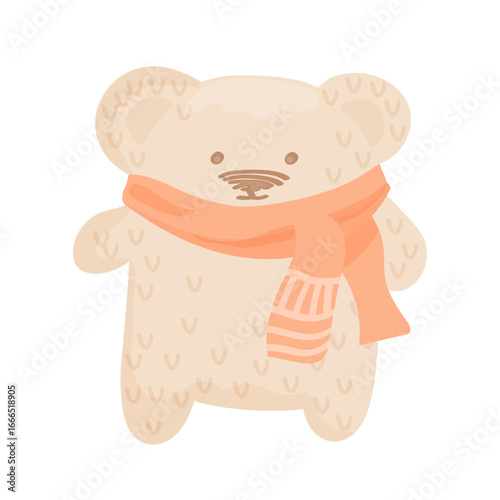 Cute homemade teddy bear in a scarf. Adorable knitted toy vector illustration.