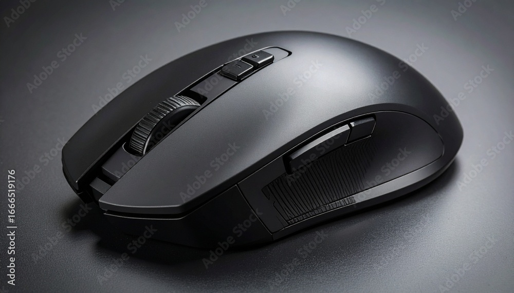 Sleek matte black wireless mouse on dark surface—featuring ergonomic design, scroll wheel, and customizable buttons, symbolizing precision, control, and modern tech functionality. Sleek matte black wireless mouse on dark surface—featuring ergonomic design, scroll wheel, and customizable buttons, symbolizing precision, control, and modern tech functionality.