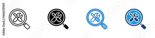 Tool Search Multiple Style Icon Vector Design - Magnifier over crossed tools, symbolizing tool discovery, system diagnostics, or repair lookup