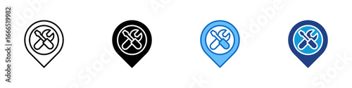 Tool Location Multiple Style Icon Vector Design - Location pin with wrench and screwdriver, indicating tool station or nearby service support