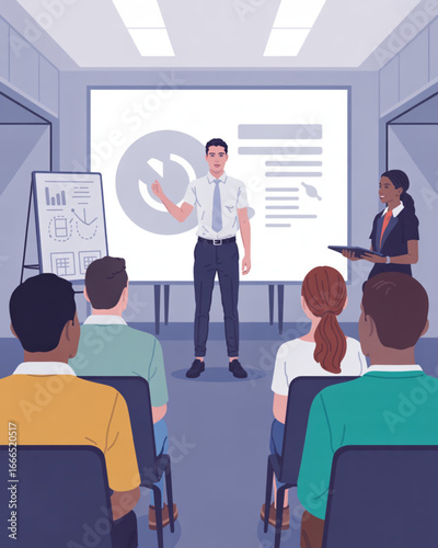 Vector Illustration of Startup Pitch with Young Entrepreneur and Investors