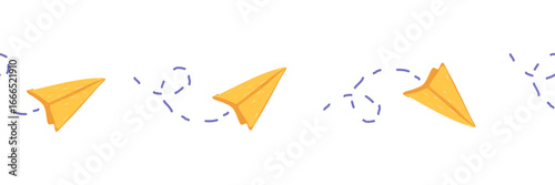 Seamless doodle border with flying paper airplanes in childlike sketch style. Hand drawn illustration for washi tape, adhesive tape, stationery, journaling and scrapbooking design