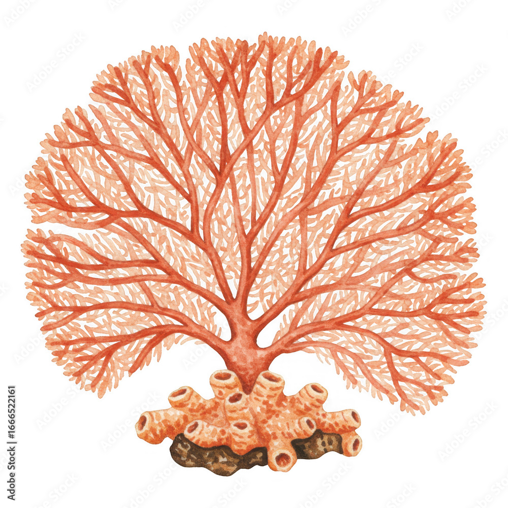 Naklejka premium Delicate branching fan coral structure with polyp detail painted watercolor illustration transparent background