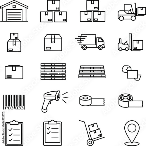 Warehouse and logistics icons for shipping and delivery services