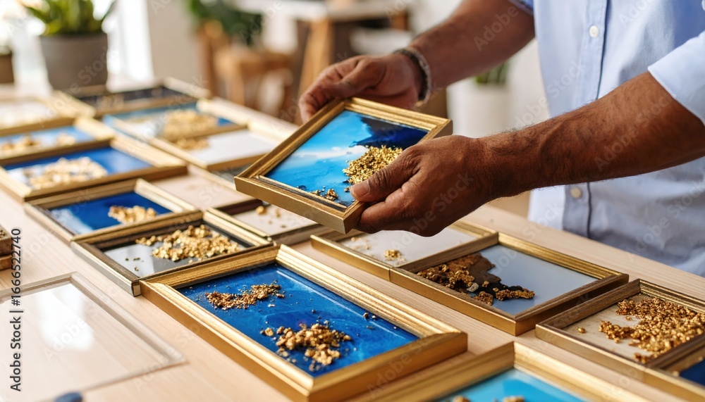 Fototapeta premium Man Examining Framed Artwork Display On Wooden Table
