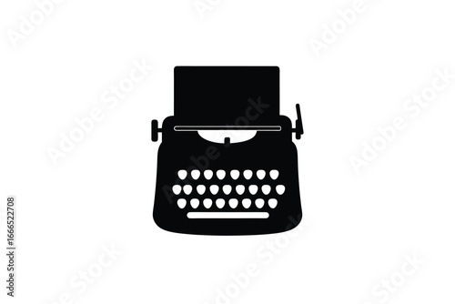 A black silhouette of a vintage typewriter on a white background