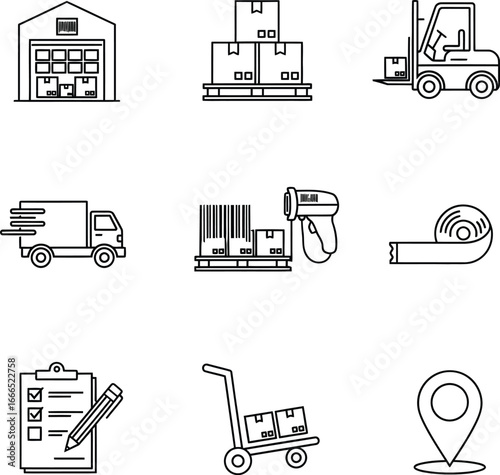 Warehouse and logistics icons set for shipping and delivery services