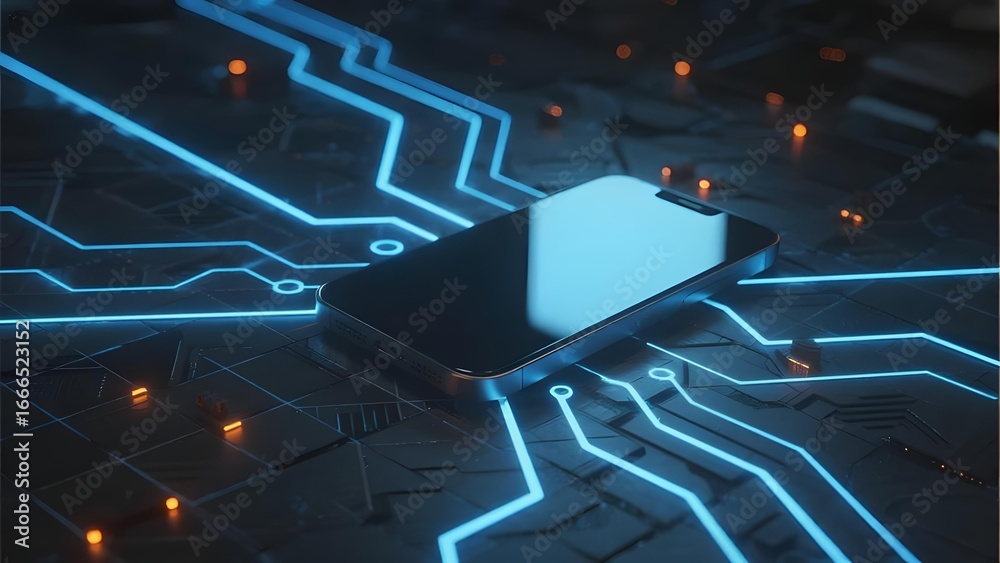 Naklejka premium Smartphone integrated with glowing circuitry, symbolizing advanced technology and connectivity.