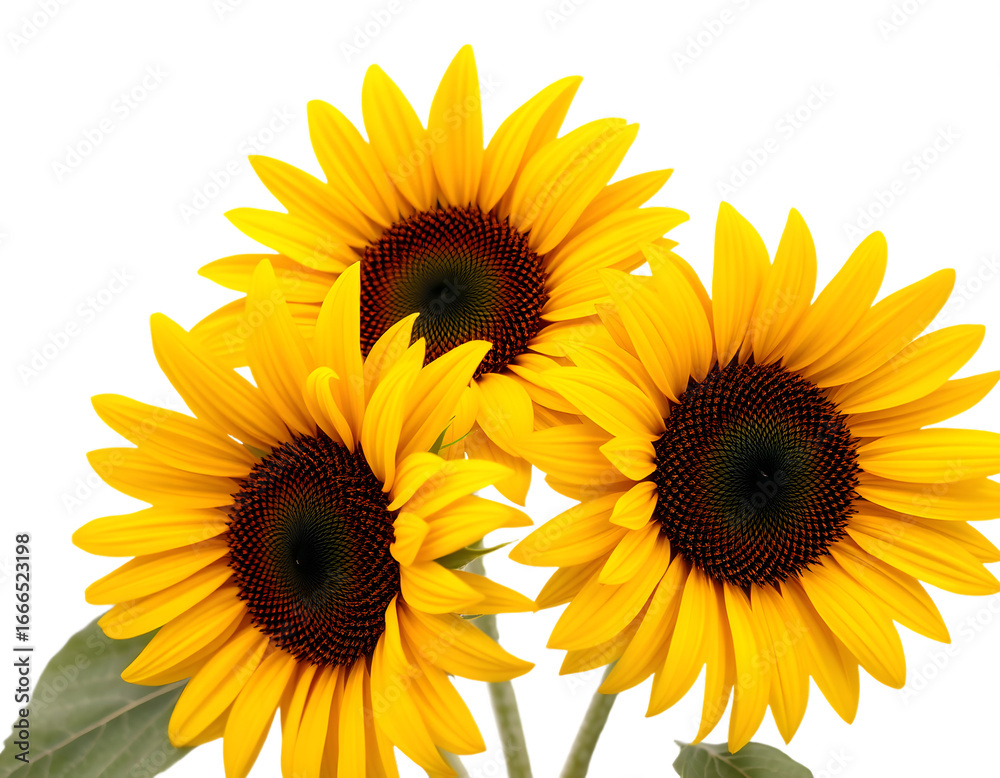 Fototapeta premium Three bright yellow sunflowers on black background