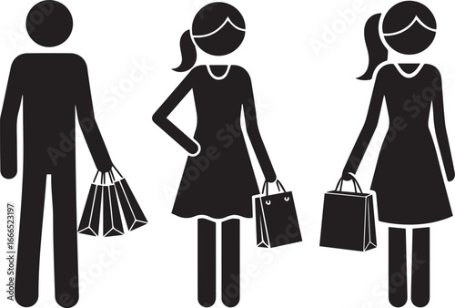 Stick Figure Male and Female Shopping Icon – Happy Buyers with Bags Vector Pictogram for Black Friday and Seasonal Sale