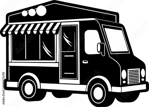 Illustration of an food truck .silhouette  vector black , white background