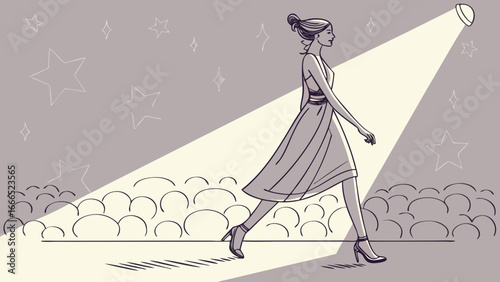 Fashion Model Walking on Ramp with Glamorous Dress – Vector Illustration of Runway for modeling, Fashion Show, and Style