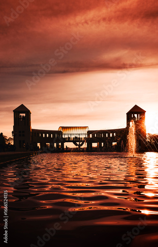 View of Tanguá Park in the city of Curitiba, Brazil, with the sunset illuminates the towers and the walkway over the lake with a fountain.