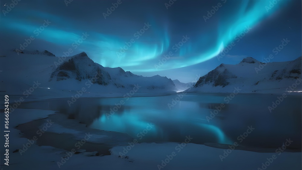 Naklejka premium Aurora Borealis Reflecting on a Calm Lake Amidst Snowy Mountains