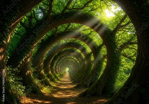 Enchanting forest path creates a captivating tunnel of light and leaves, leading to an unknown destination, evoking a sense of wonder and magical journey through nature's embrace.