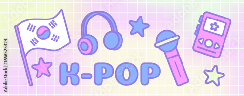 A collection of pastel-style K-pop themed vector icons, including a Korean flag, music player, headphones, microphone, stars, and "K-POP" lettering. 