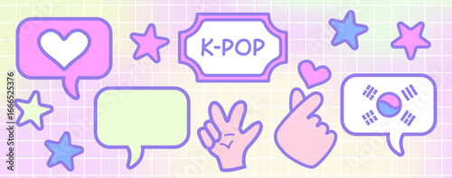 Cute K-pop themed pastel vector illustration with speech bubbles, Korean flag, love hand gestures and stars for fan merchandise and digital design.
