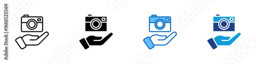 Camera Service Multiple Style Icon Vector Design - Camera held in hand, symbolizing photo service, digital asset offering, or photography support