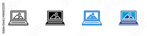 Laptop Photo Multiple Style Icon Vector Design - Laptop screen displaying a photo, representing digital photography, photo editing, or online image viewing