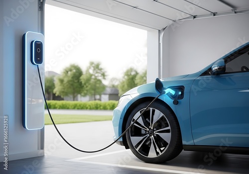 A sleek blue electric vehicle (EV) charges in a modern garage using a wall-mounted home charging station. This image represents sustainable transportation and convenient eco-friendly living.