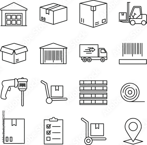 Logistics and shipping icons representing warehousing and delivery services