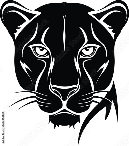 Leopard head silhouette in frontal view with intense gaze and bold contours on white background