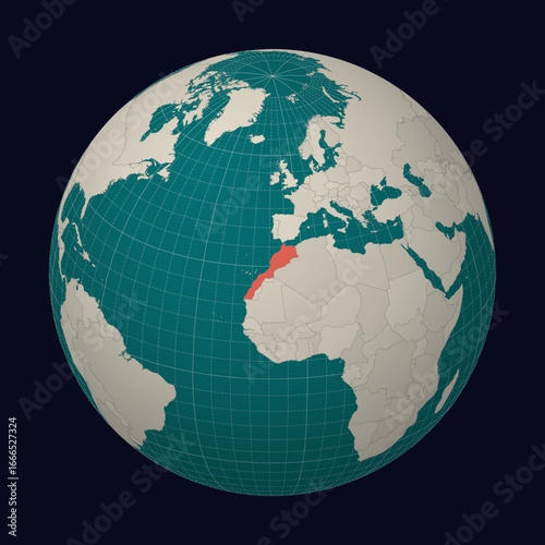 Morocco on the map. Globe centered to Morocco. Country location on the world map. Teal Pale Mint color palette. Globe with countries, meridians and parallels. Authentic vector illustration.