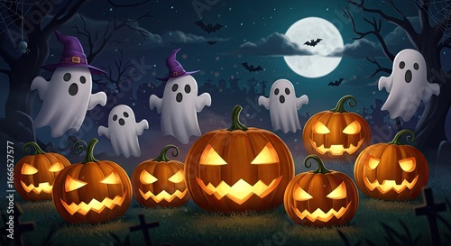 Spooky Halloween Night Scene with Carved Pumpkins, Friendly Ghosts, and a Cemetery Under the Light of a Full Moon in