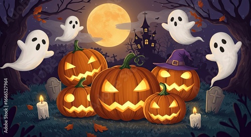 Spooky Halloween Night Scene with Jack-o'-Lanterns, Ghosts, and a Haunted House Under the Light of a Glowing Full Moon Illustration
