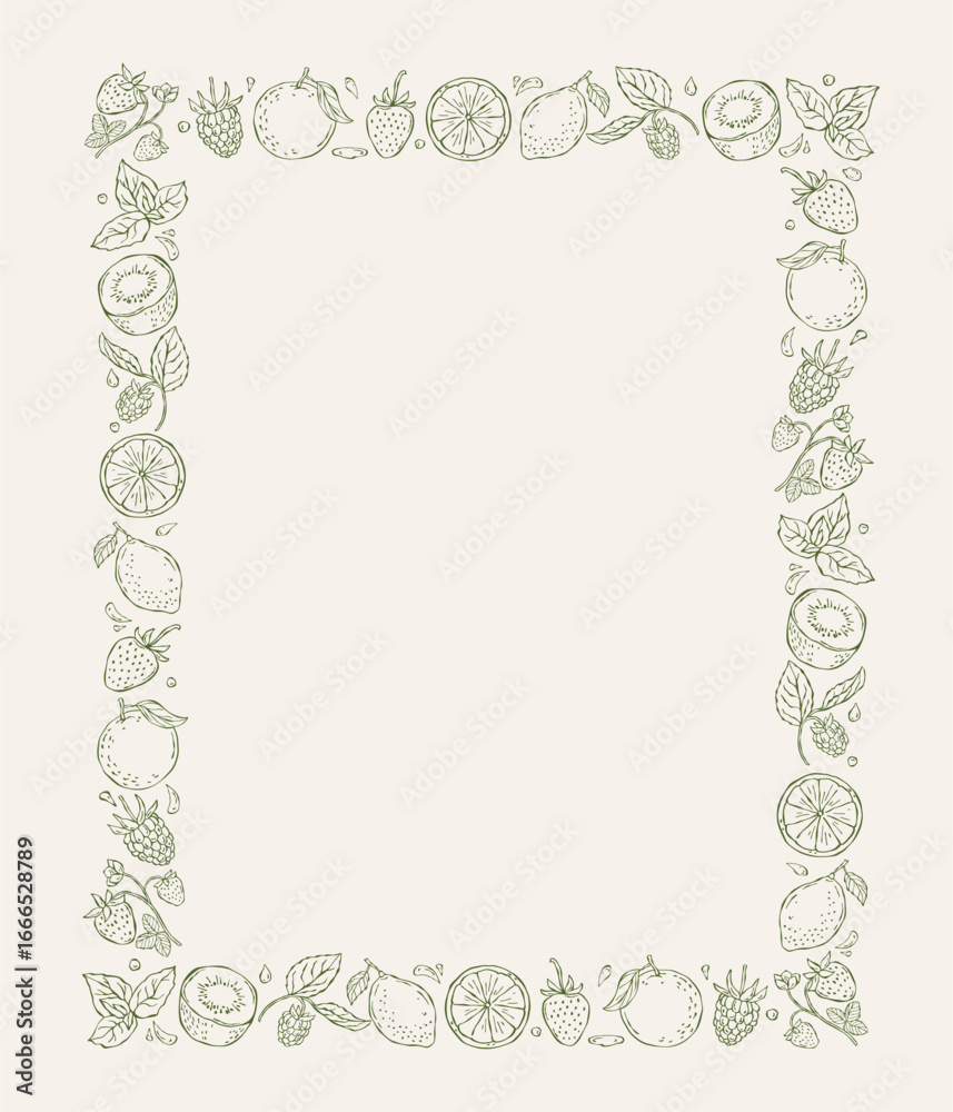 Fototapeta premium Hand drawn vector composition with fruits and berries. Decorative line artwork perfect for menus, packaging, invitations, and food design