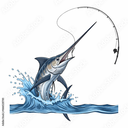 Realistic vector illustration of swordfish marlin jumping with bending fishing rod