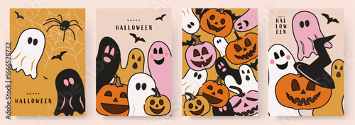 Happy Halloween posters template. Halloween banner, poster with pumpkins. Happy halloween banner or party invitation background with yellow and orange pumpkins, ghost, bat.