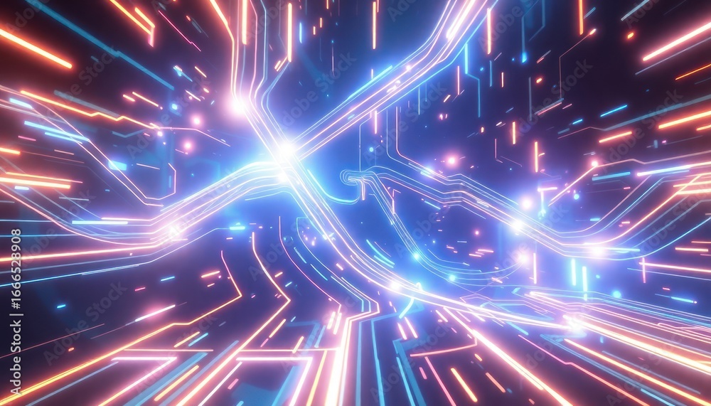 Fototapeta premium Abstract glowing lines of blue and orange light form a dynamic, futuristic digital network, ideal for technology or science backgrounds.