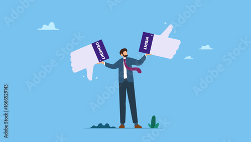Businessman who is troubled by weighing the advantages and disadvantages. Demerit and merit evaluation, advantage and disadvantage in comparison, performance assessment, manager evaluation, judgment.