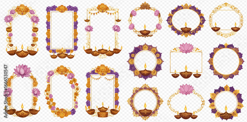 A collection of ornate Indian festival frames decorated with colorful flowers, garlands, and traditional lit diya oil lamps.