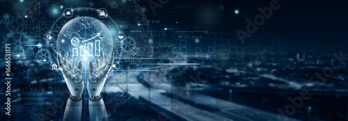 Cuadro en lienzo Hand of robot holding an accountability icon on global network connection, ethic