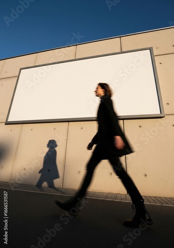 Blank Billboard in Urban Setting with Pedestrians Walking By