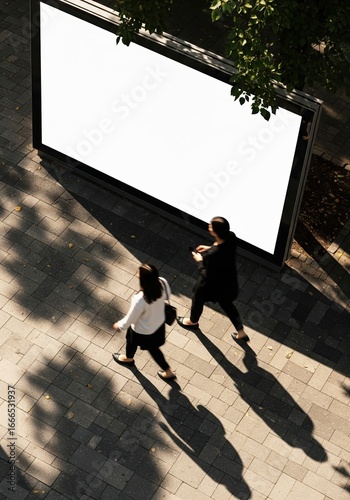Blank Billboard in Urban Setting with Pedestrians Walking By