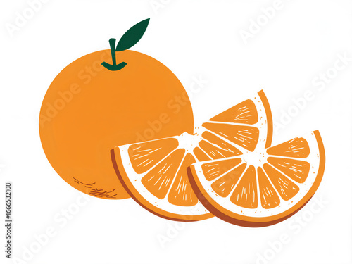 A simple 2D line illustration of a whole orange and a few cross-section orange slices.
