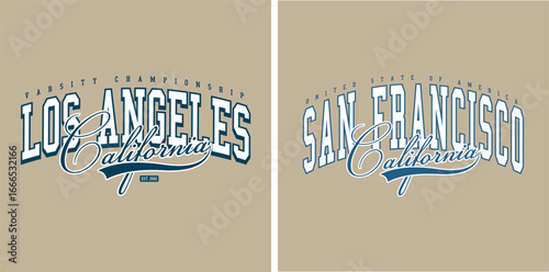 Los Angeles and San Fran Francisco California curve varsity script retro vintage sport USA Trending American Graphic Tee t-shirt logo slogan graphic artwork typography vector design